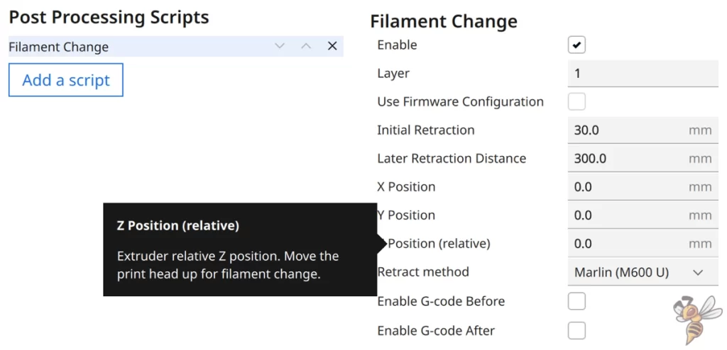 Screenshot of the Z Position setting inside the filament change script in Cura.