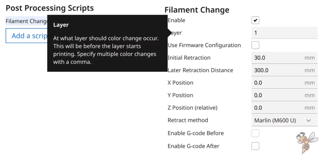 Screenshot of the layer setting inside the filament change script in Cura.