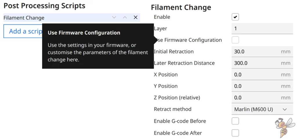 Screenshot of the firmware configuration setting inside the filament change script in Cura.