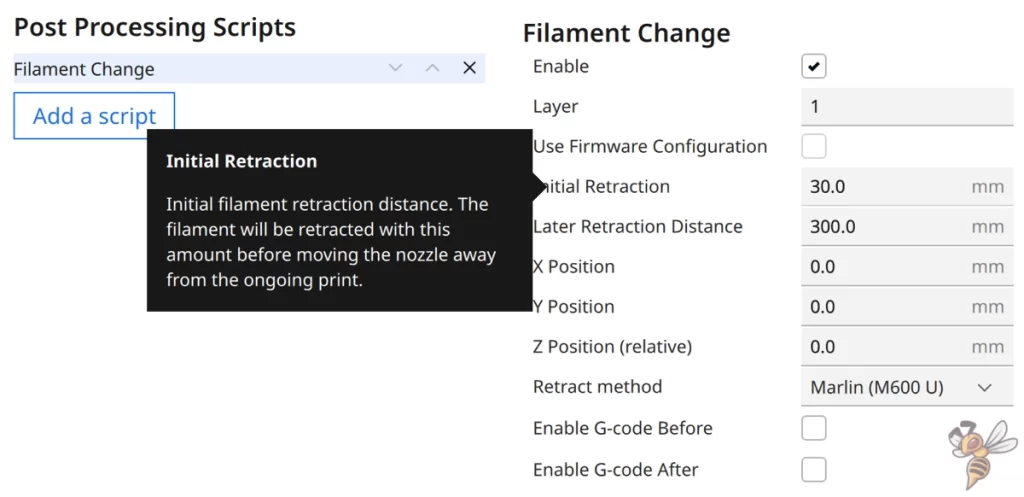 Screenshot of the initial retraction setting inside the filament change script in Cura.