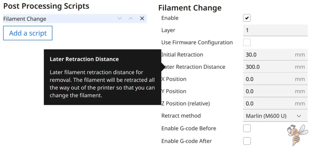 Screenshot der Later Retraction Einstellung im Filament Change Script in Cura.