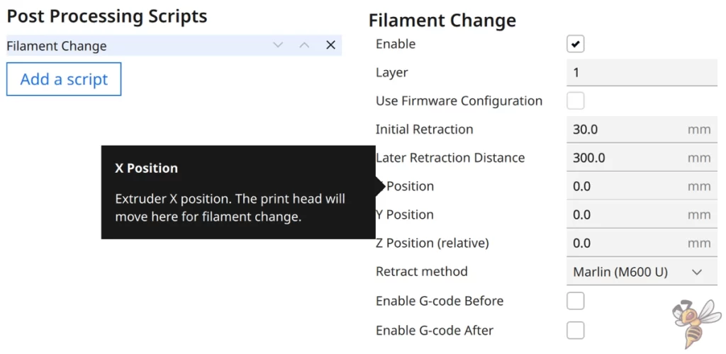 Screenshot of the X/Y Position setting inside the filament change script in Cura.