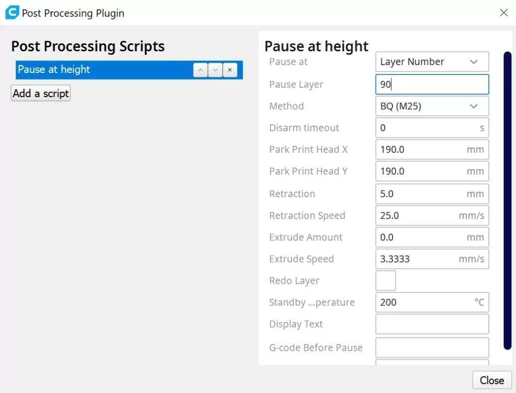 Screenshot showing how to use the Pause at Height Script in Cura.