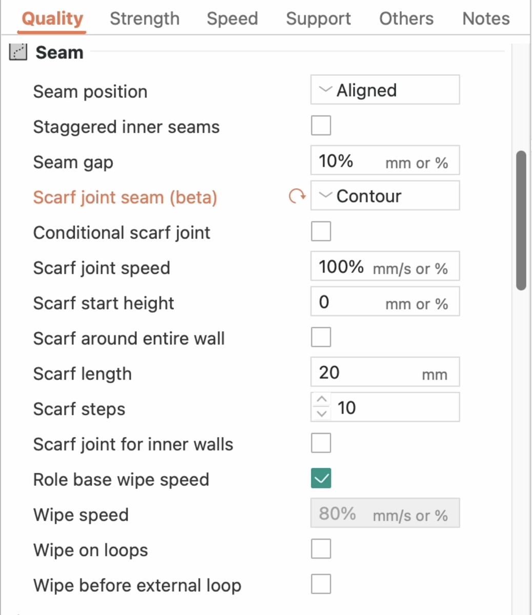 Screenshot of the scarf seam joint settings in the Orca Slicer