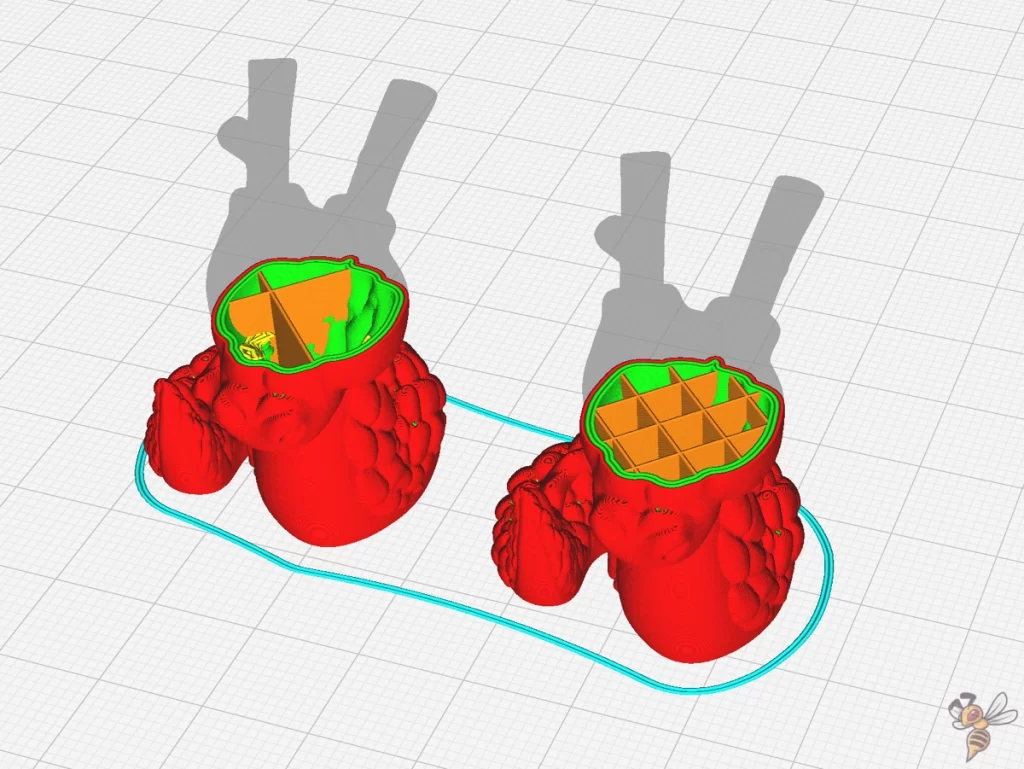 Screenshot of two objects in Cura that were sliced with different settings.
