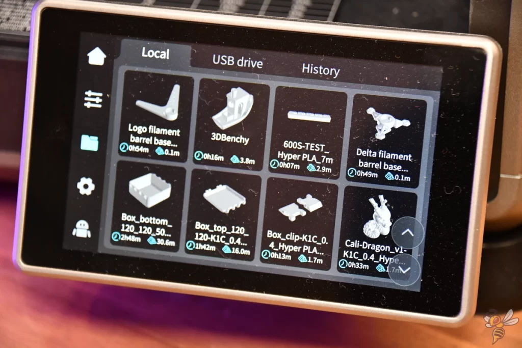 Photo of the touchscreen of the Creality K1C, which is currently displaying various STL files.