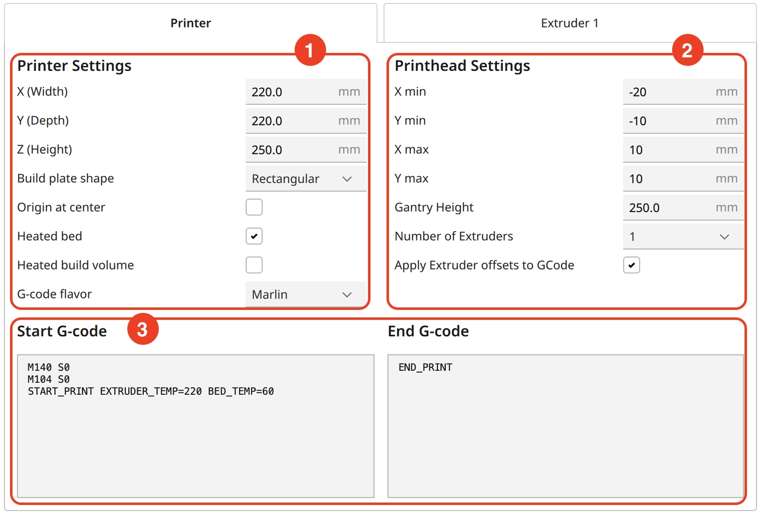 Screenshot of the machine settings in Cura.