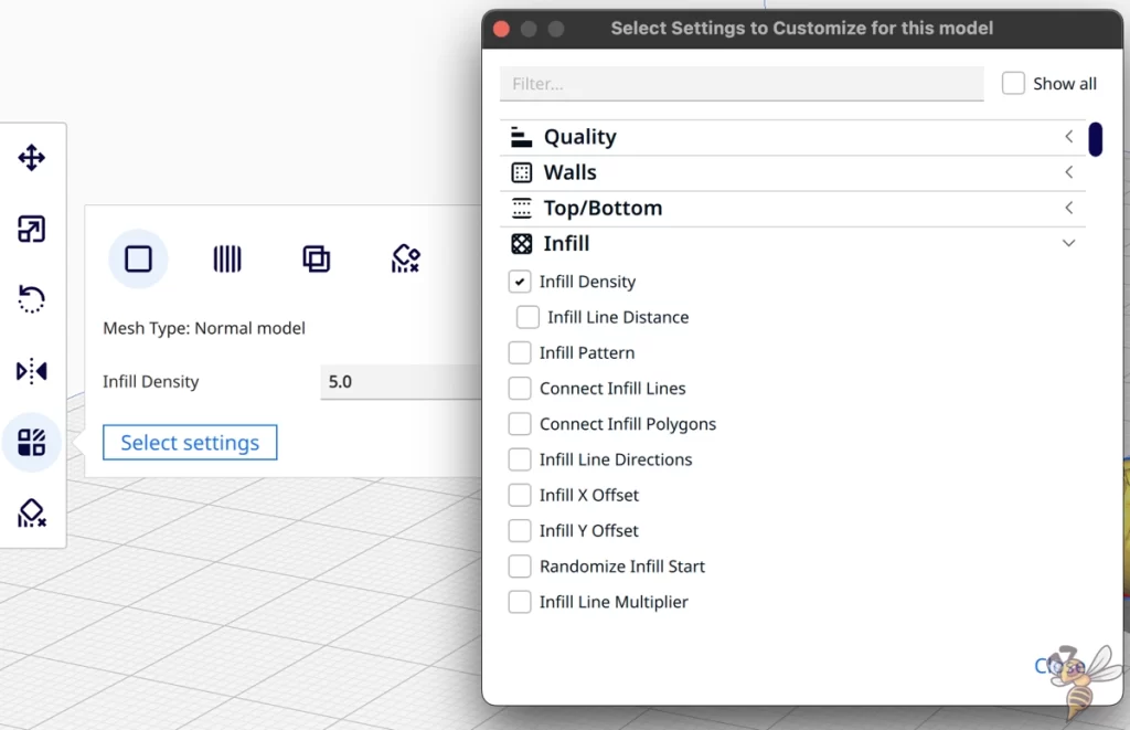 Screenshot of how to change the settings for an object in the mesh settings in Cura.