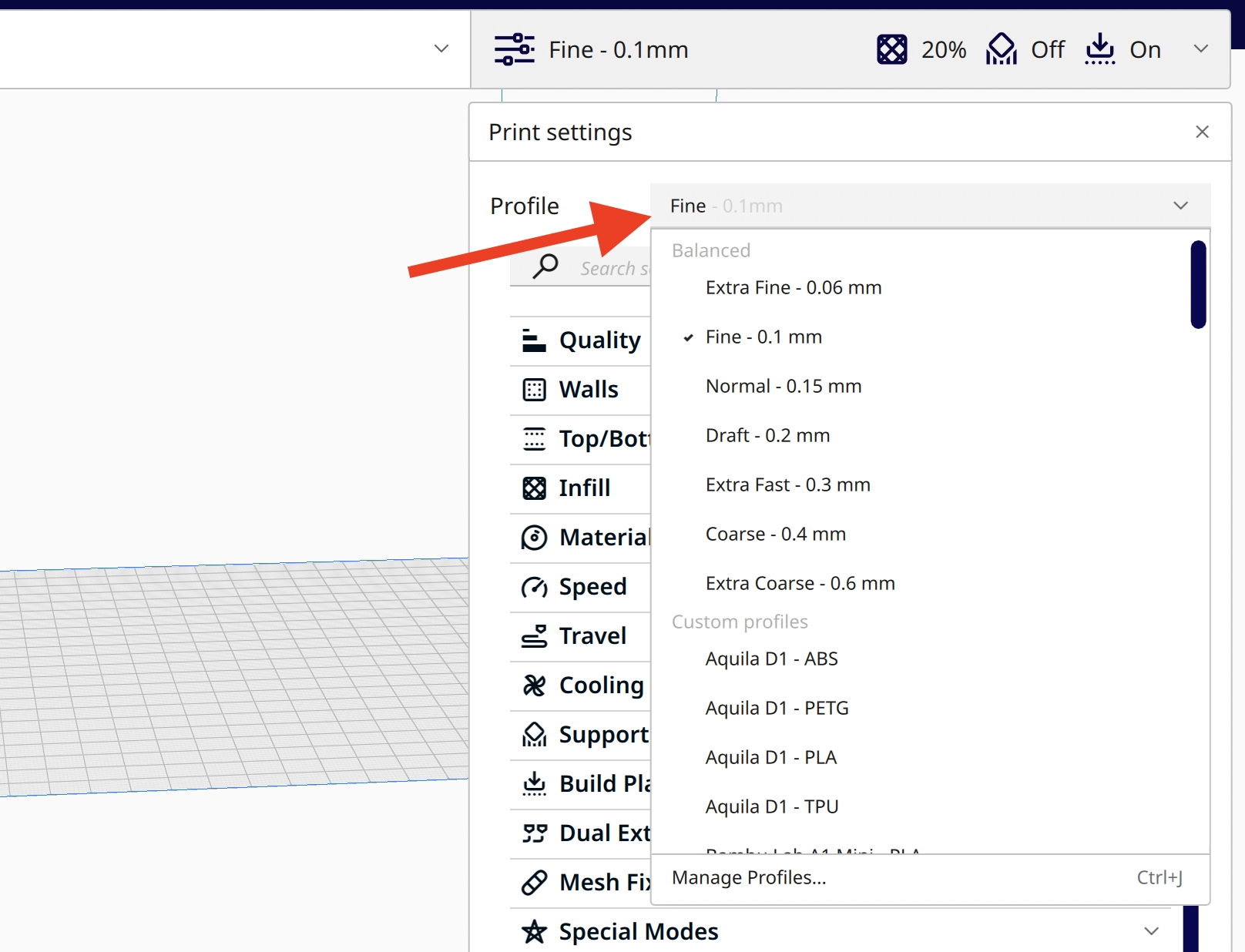 Screenshot of the Cura Standard Print Profiles.