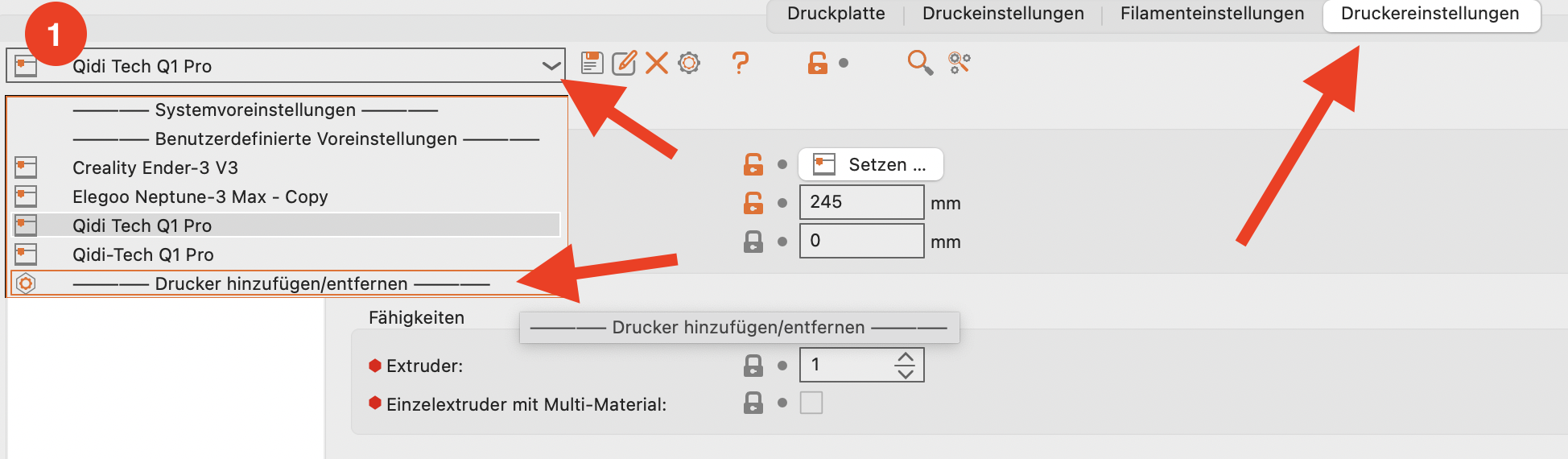 Screenshot mit Anweisungen, wie man einen neuen 3D-Drucker im PrusaSlicer anlegt.