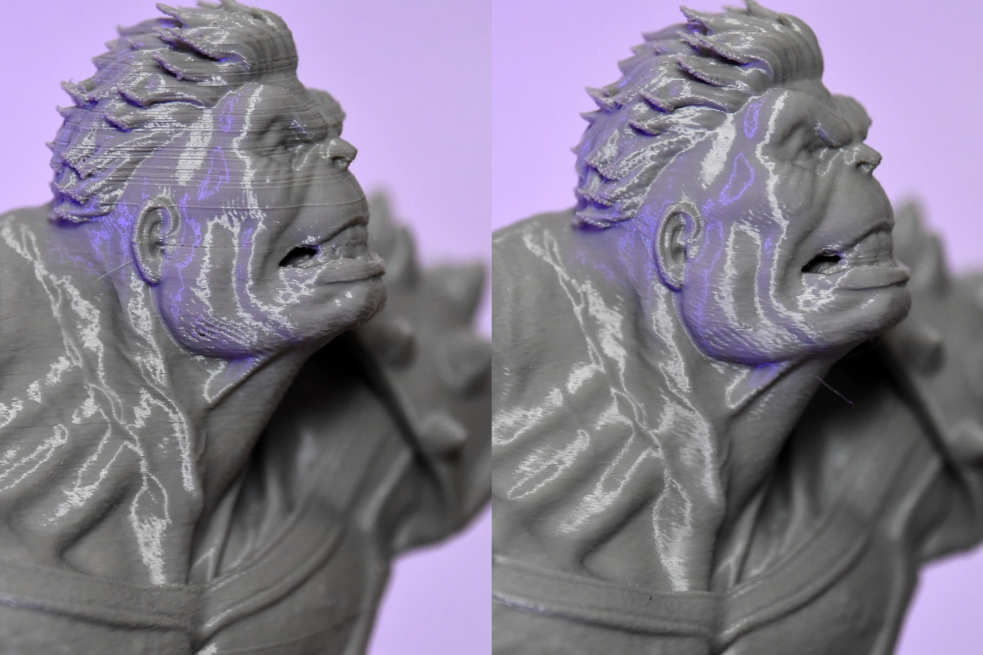 Foto eines 3D-Drucks vor und nach der Kalibrierung. Vorher Druckfehler, nachher weniger Druckfehler.