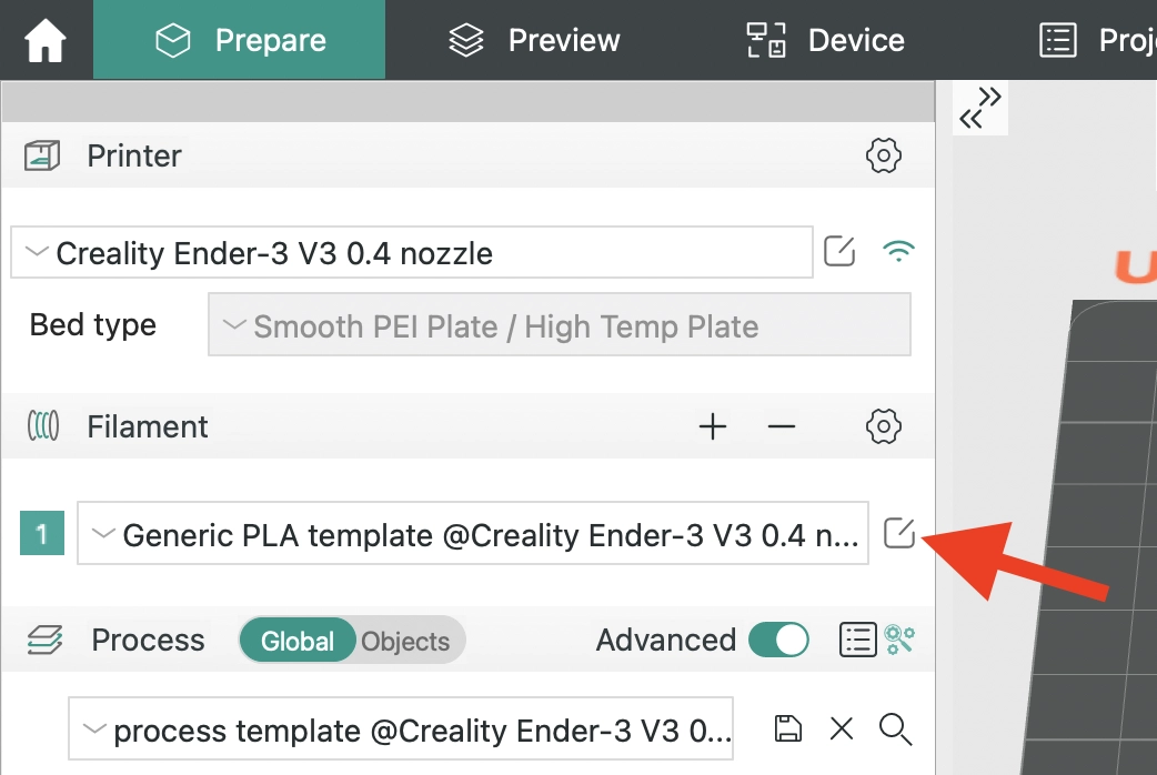 Screenshot of How to edit the filament settings in Orca Slicer.