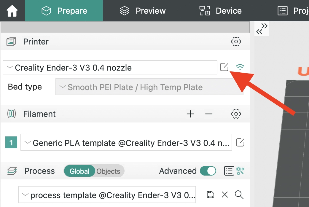 Screenshot of How to edit the printer settings in Orca Slicer.