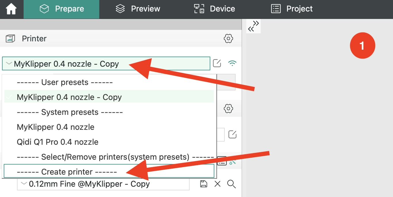 Screenshot of how to add a new 3D printer in the Orca Slicer.