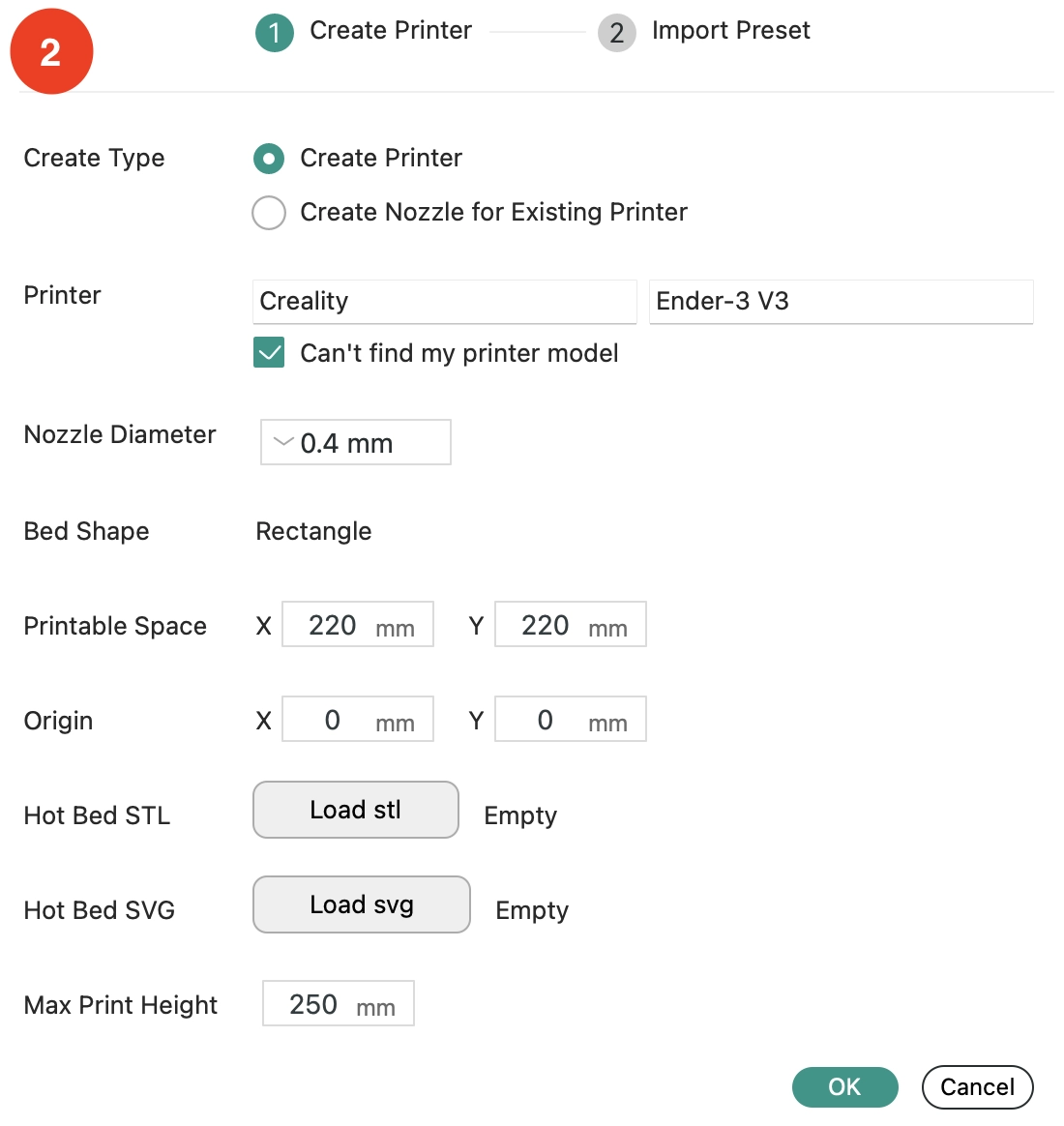 Screenshot of how to add a new 3D printer in the Orca Slicer.