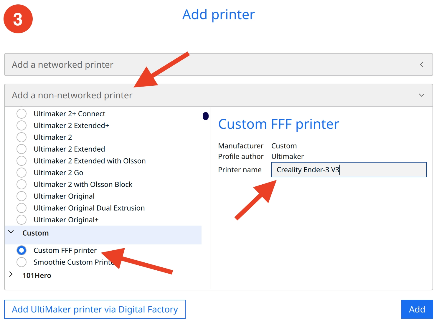 Screenshot of how to add a new 3D printer profile in Cura.