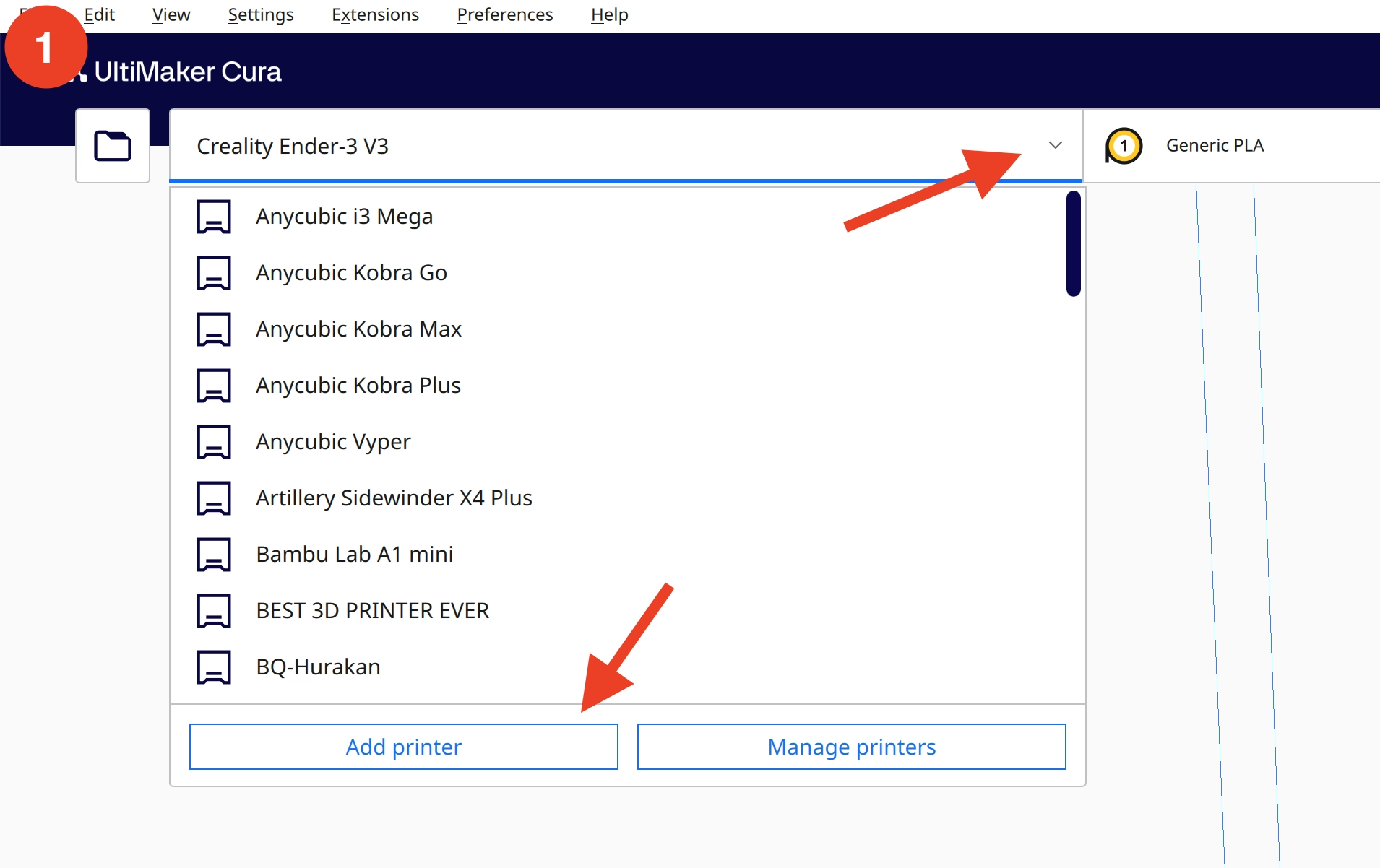 Screenshot of how to add a new 3D printer profile in Cura.