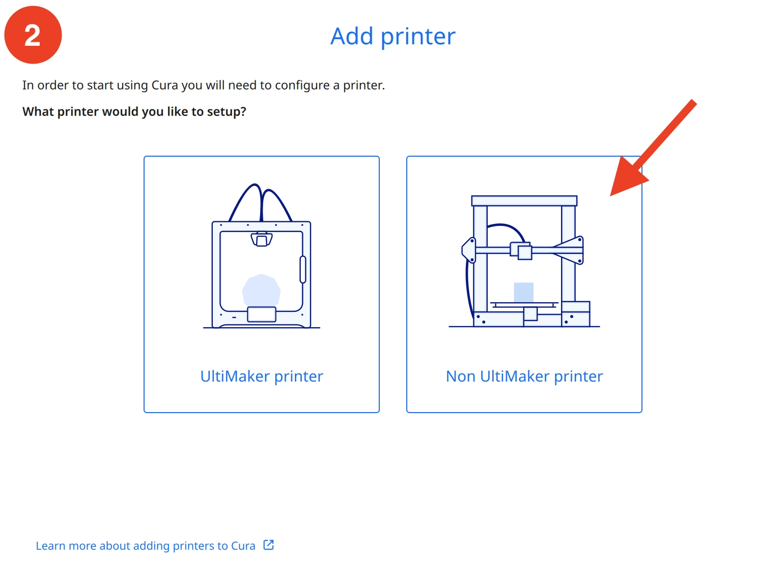 Screenshot of how to add a new 3D printer profile in Cura.