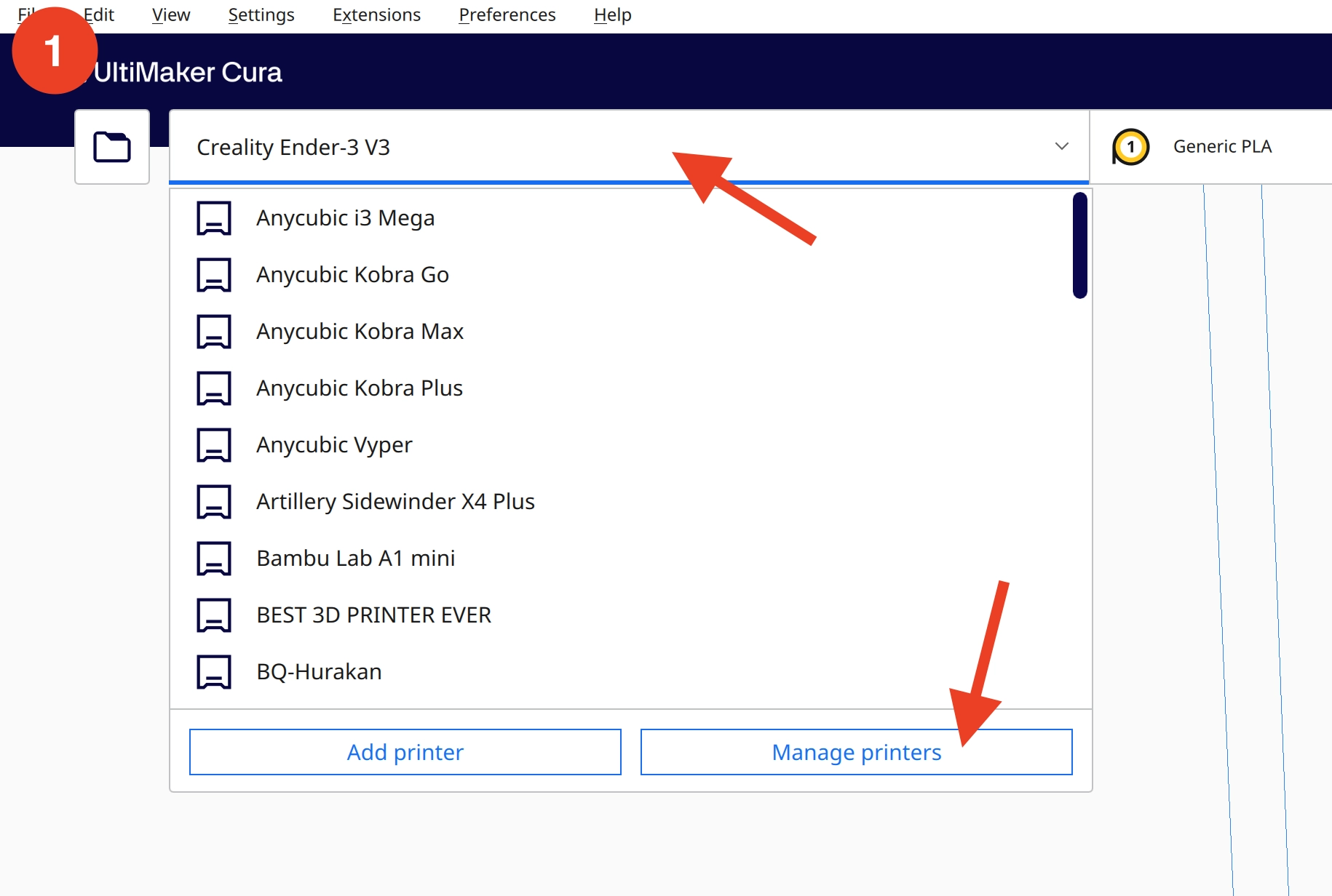 Screenshot of how to access the machine settings in Cura.