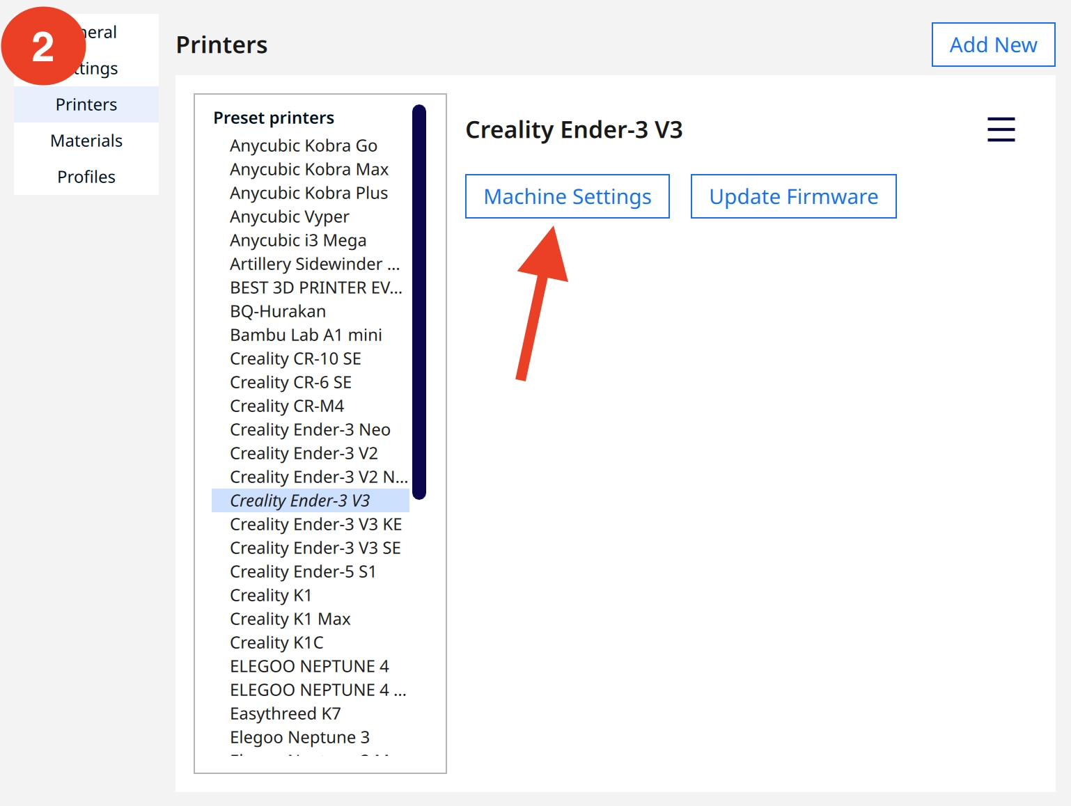 Screenshot of how to access the machine settings in Cura.