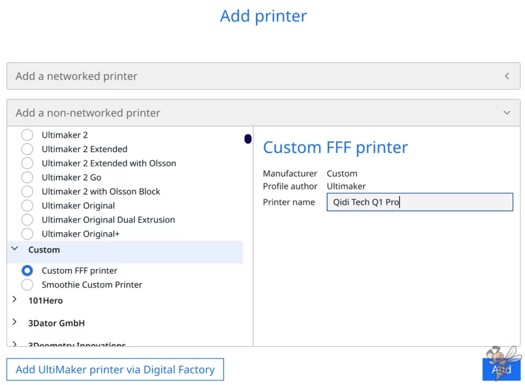 Screenshot of how to add the Qidi Tech Q1 Pro in Cura.
