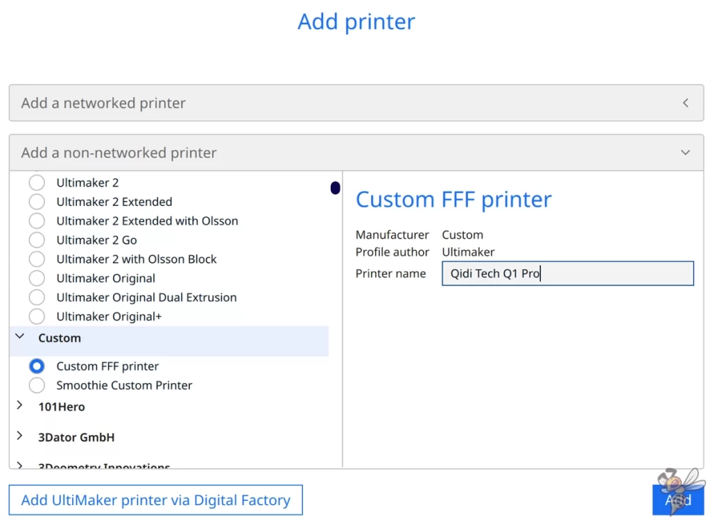 Screenshot wie man den Qidi Tech Q1 Pro in Cura hinzufügt.