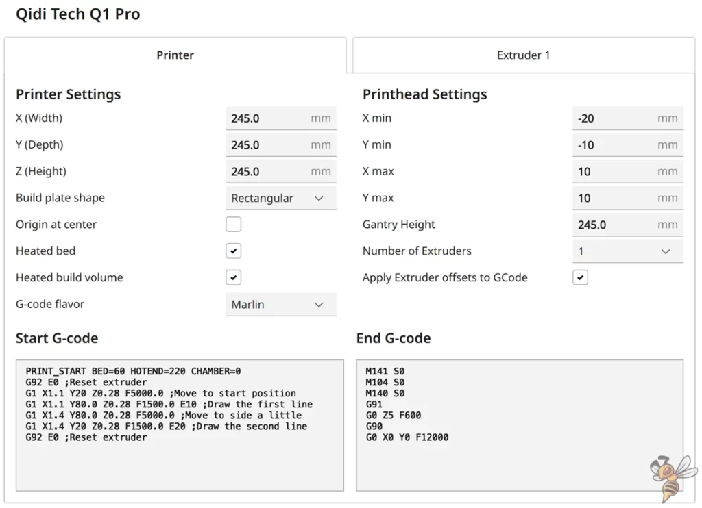 Screenshot der Maschineneinstellungen des Qidi Tech Q1 Pro.