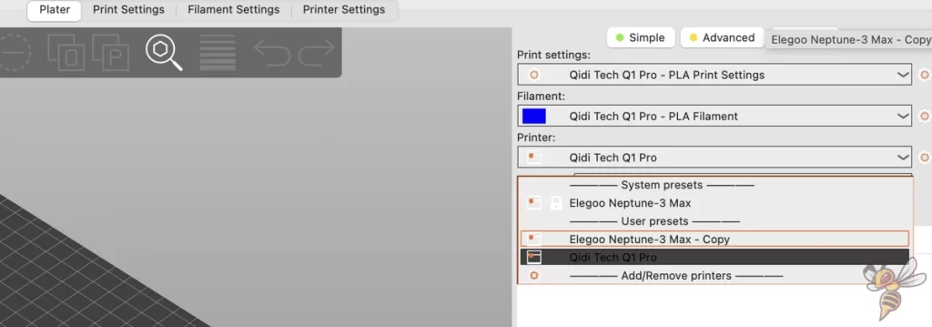 Screenshot of adding the Qidi Tech Q1 Pro in PrusaSlicer