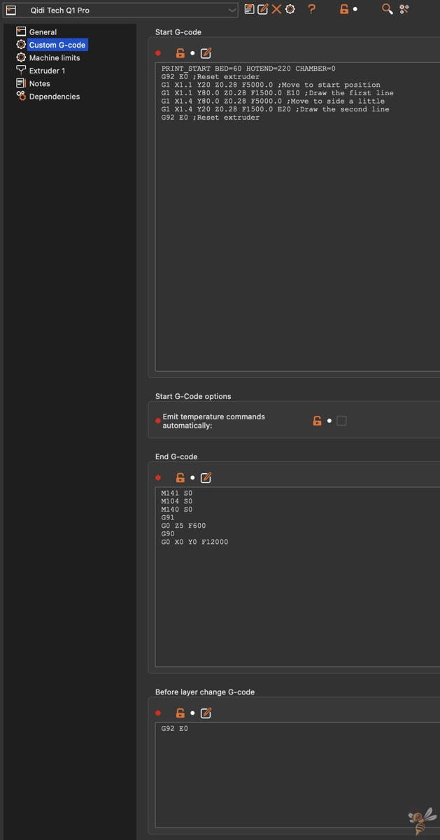 Screenshot von den Custom G-Codes des Qidi Tech Q1 Pro.