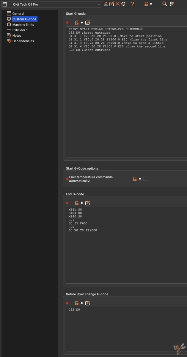 Screenshot of the custom G-codes of the Qidi Tech Q1 Pro.
