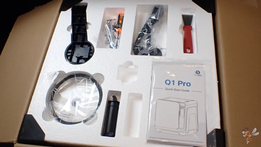 Photo of the package contents immediately after opening the Qidi Tech Q1 Pro.