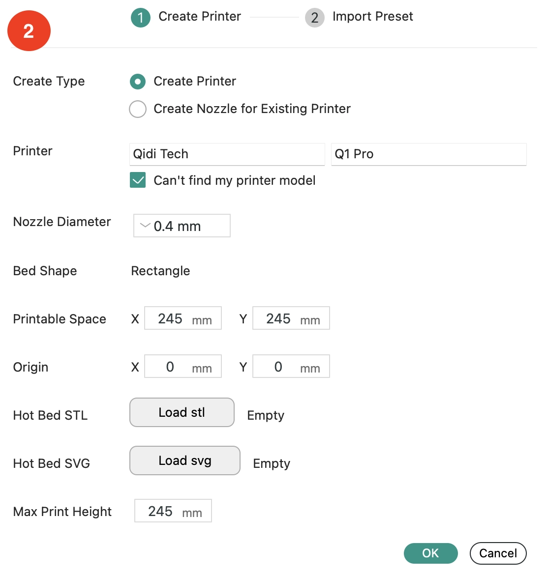 Screenshot of how to Create an Orca Slicer Profile for the Qidi Tech Q1 Pro